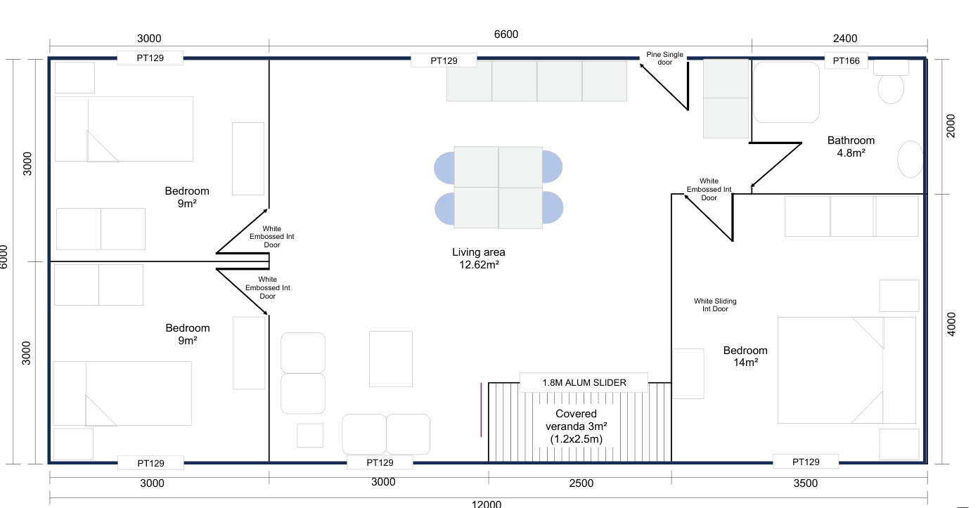 Floor plan — 6 × 12 m 72m² Three Bedroom Chalet