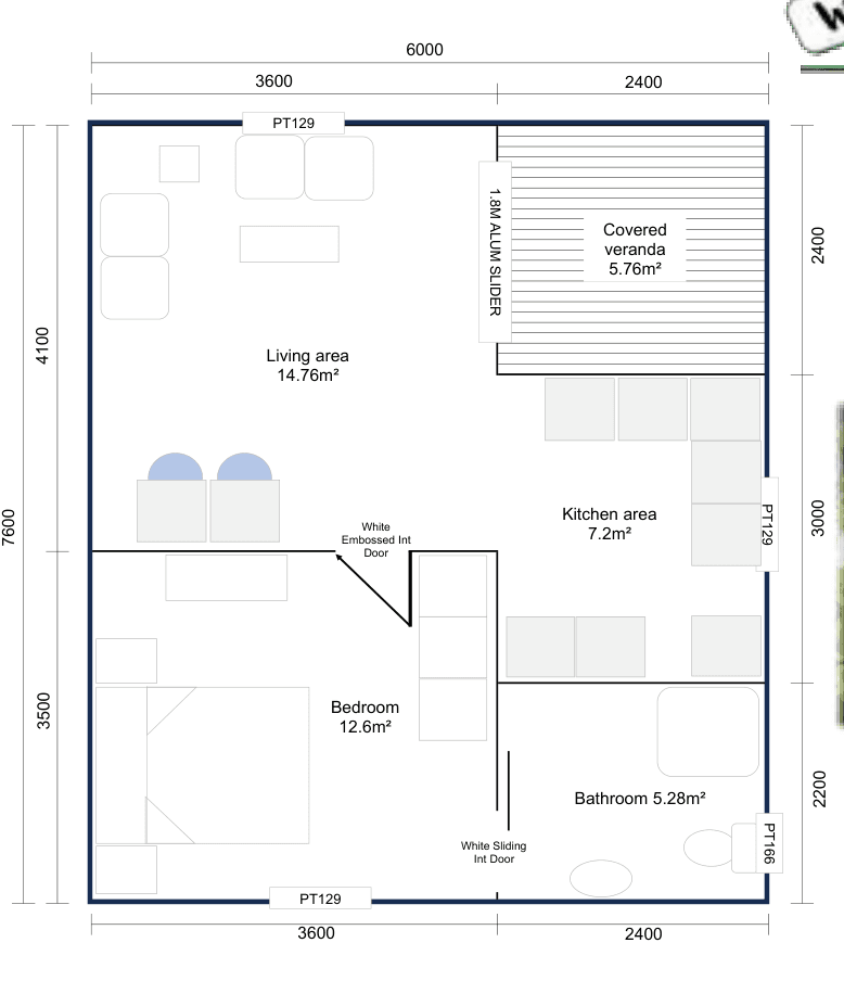 Floor plan — 6 × 7.6 m 45.6m² One Bedroom Chalet