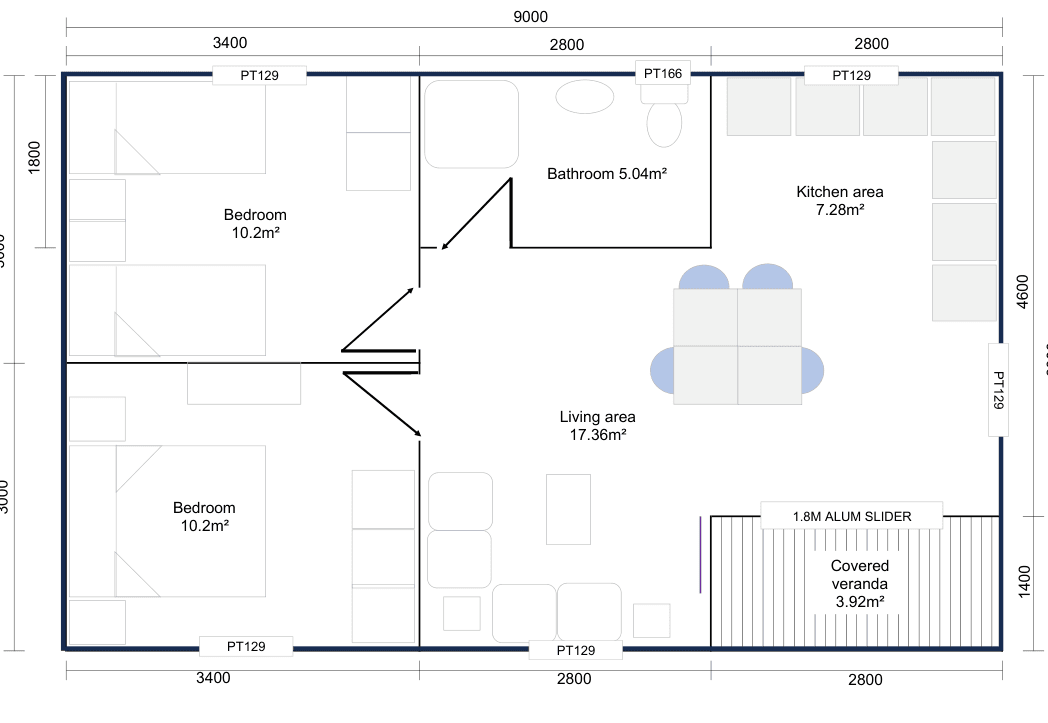 Floor plan — 6 × 9 m 54m² Two Bedroom Chalet
