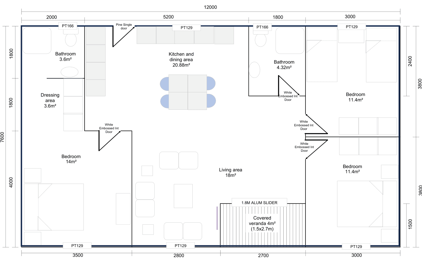 Floor plan — 7.6 × 12 m 91.2m² Three Bedroom Chalet
