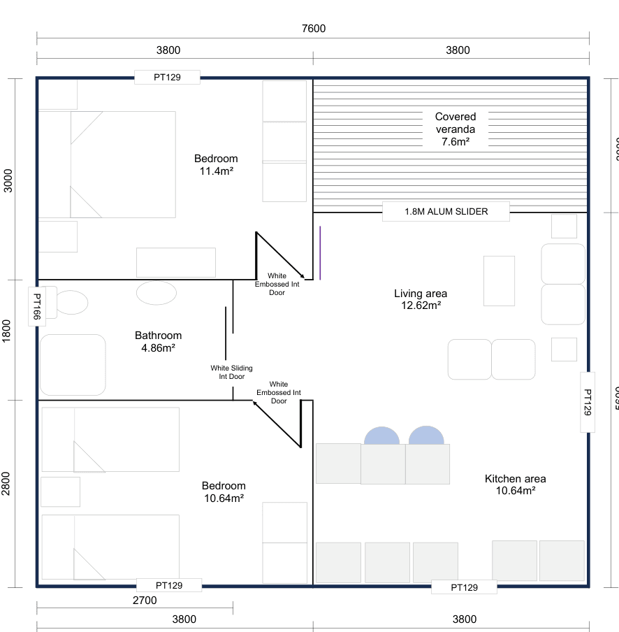 Floor plan — 7.6 × 7.6 m 57.76m² Two Bedroom Chalet