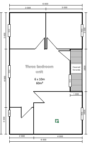 Floor plan — Three bedroom unit, 6 x 10m