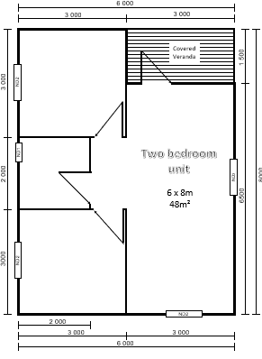 Floor plan — Two bedroom unit, 6 x 8m